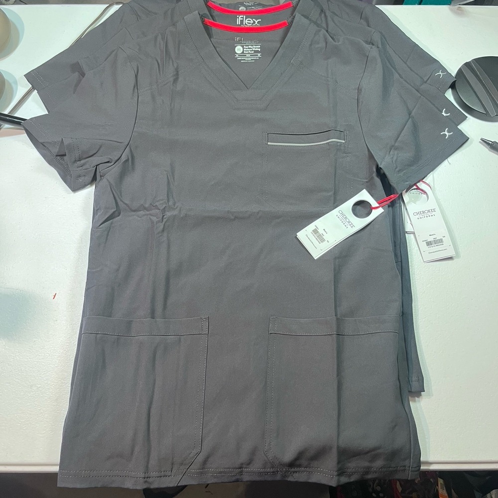 NWT Cherokee Iflex Mens V-Neck Knit Panel Solid Scrub Top Size XS 4‎ Way Stretch
